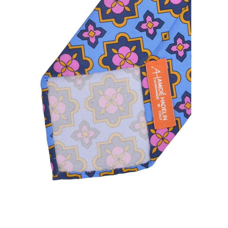 Orange Label | 36oz printed silk tie, Handmade in Italy, light blue/pink_back