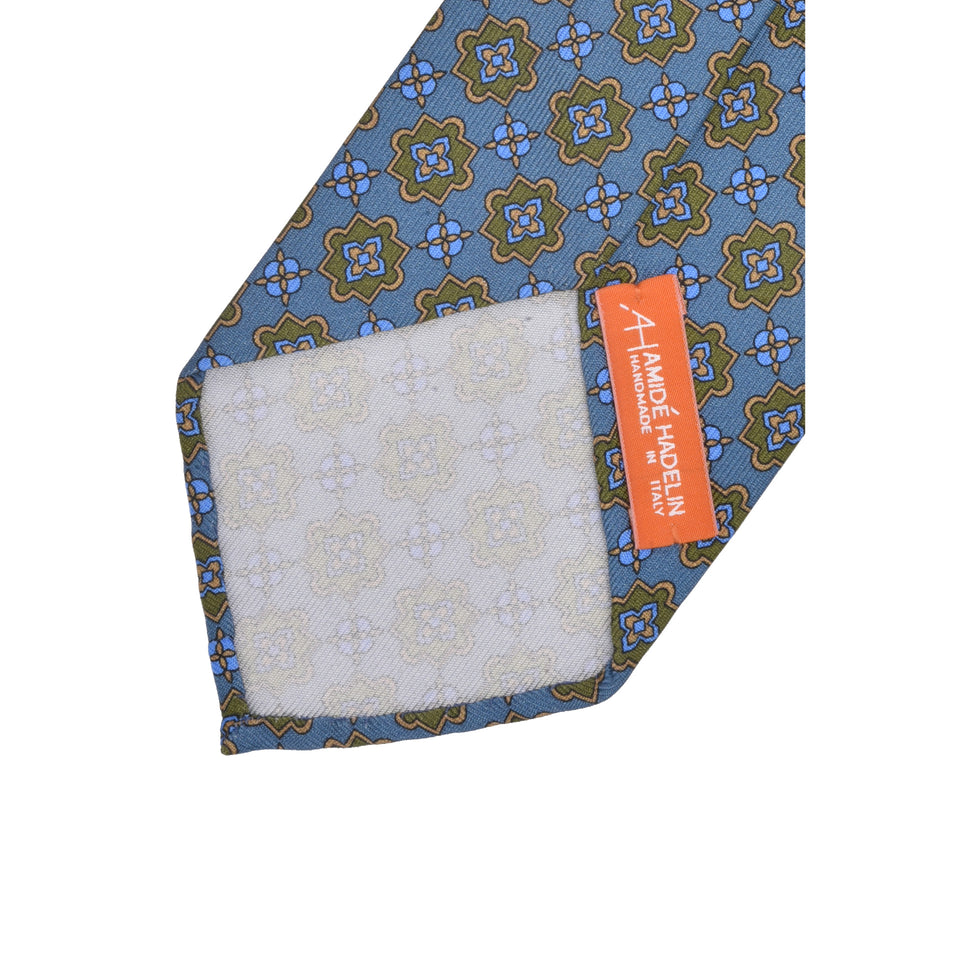 Orange Label | 36oz printed silk tie, Handmade in Italy, airforce blue/green_back