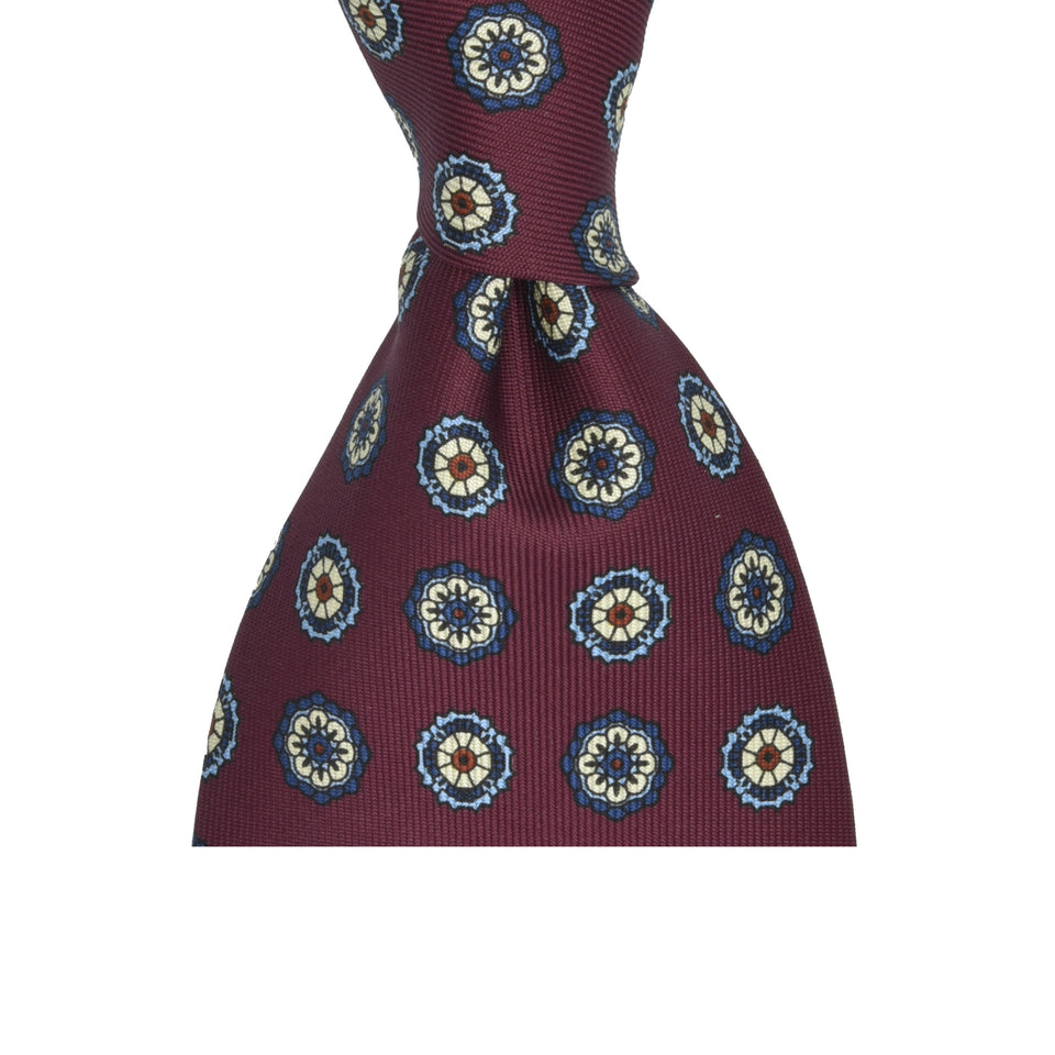 Amidé Hadelin | Handprinted silk medallion tie untipped, burgundy_knot