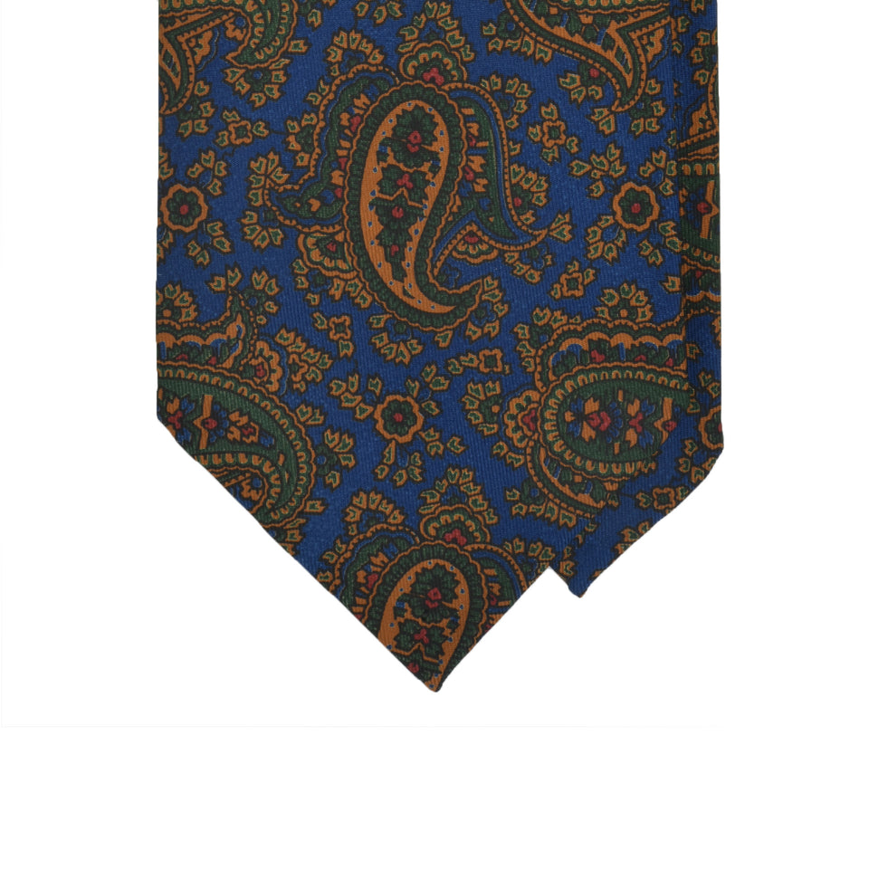 Amidé Hadelin | Wide 6-fold handprinted silk paisley tie untipped, blue_tip