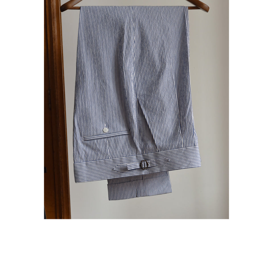 Amidé Hadelin | MTO | Orange Label Di Sondrio cotton seersucker trousers - white/blue_full