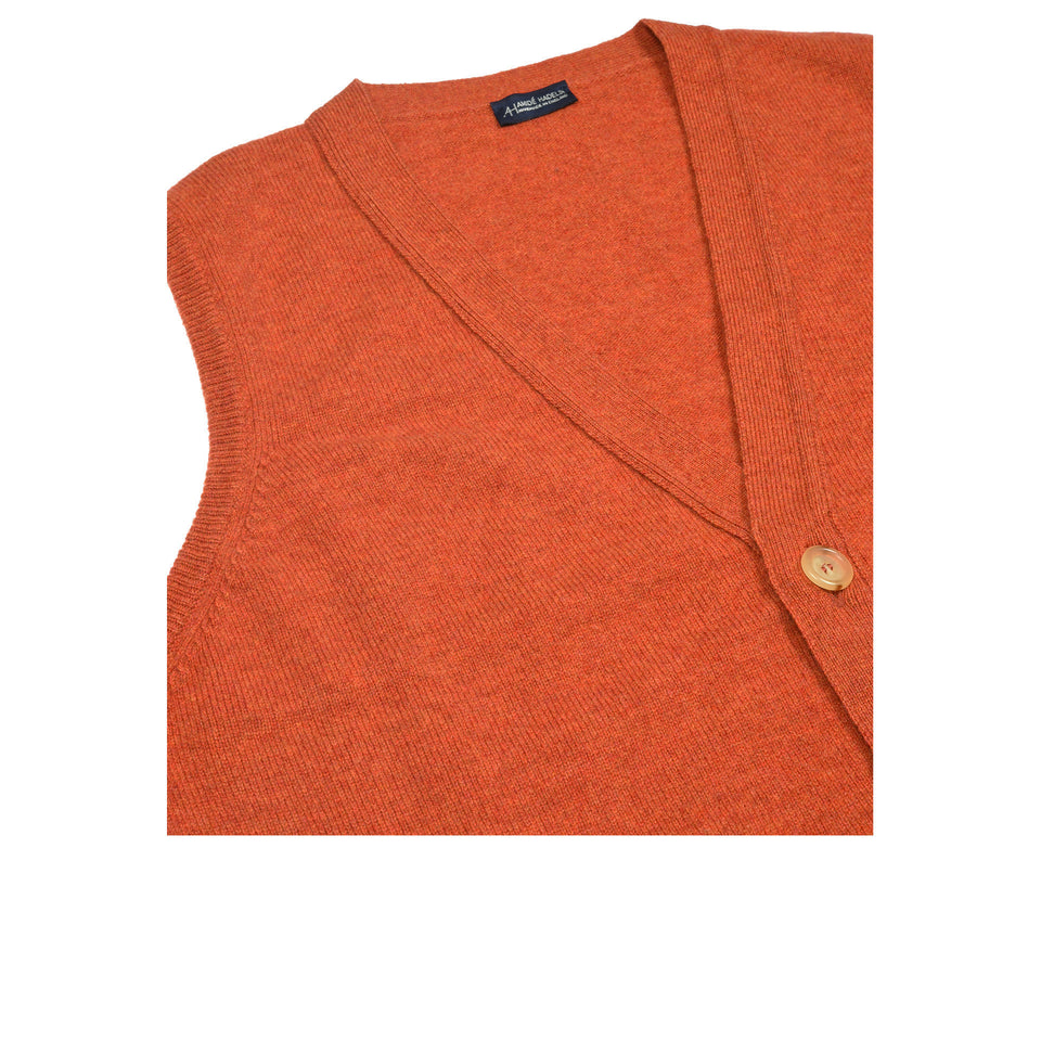 Lambswool short sleeveless cardigan - ember orange_v-neck