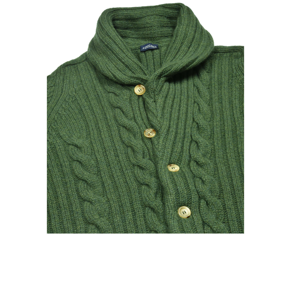 Amidé Hadelin | Lambswool cable knit shawl collar cardigan - rosemary_buttoned up