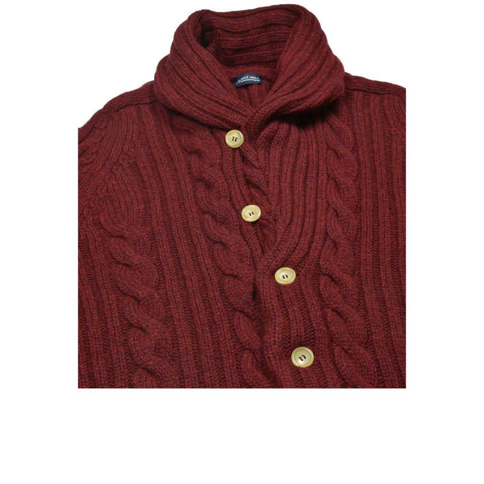 Amidé Hadelin | Lambswool cable knit shawl collar cardigan - red velvet_buttoned up