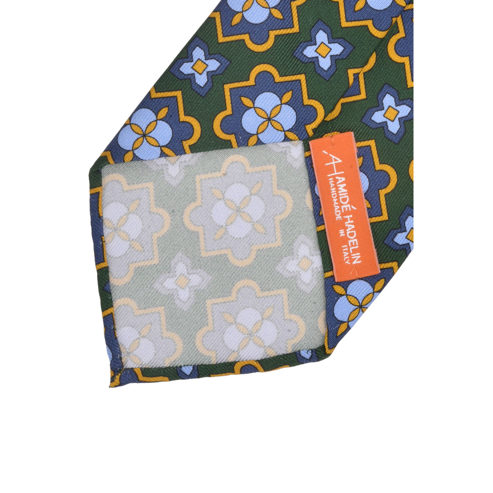 Orange Label | 36oz printed silk tie, Handmade in Italy, green/light blue_back