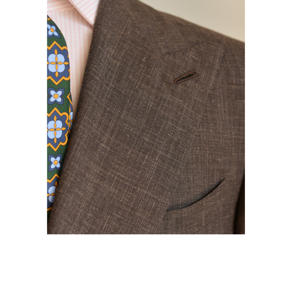 Amidé Hadelin | MTO | Orange Label Loro Piana wool/silk/linen double breasted jacket - dark brown_lapel