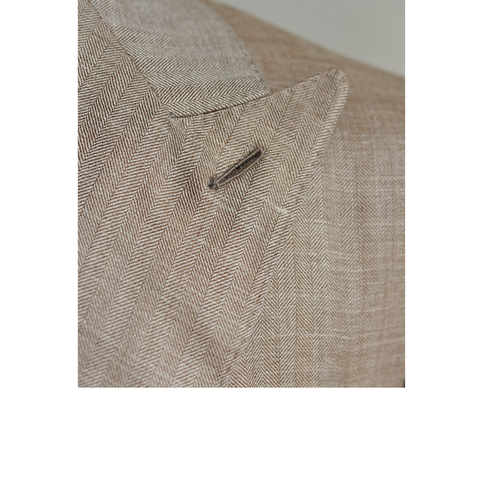 Amidé Hadelin | MTO | Orange Label Loro Piana wool/silk/linen double breasted jacket - beige_Milanese buttonhole