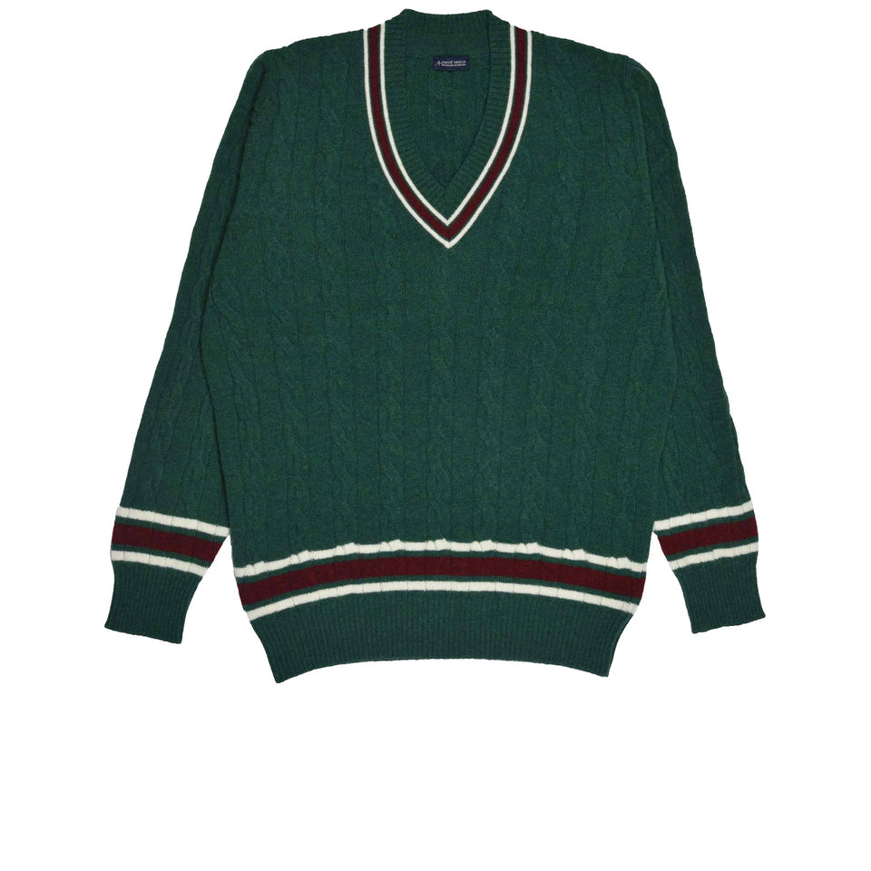 Amidé Hadelin | Wool V-neck cricket jumper - green/ecru/red velvet_full