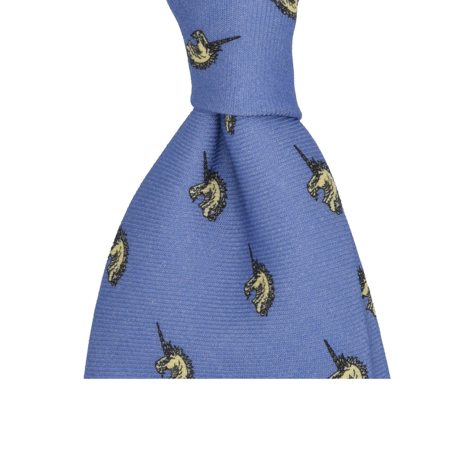 Amidé Hadelin | Handprinted wool challis unicorn tie untipped, light blue_knot