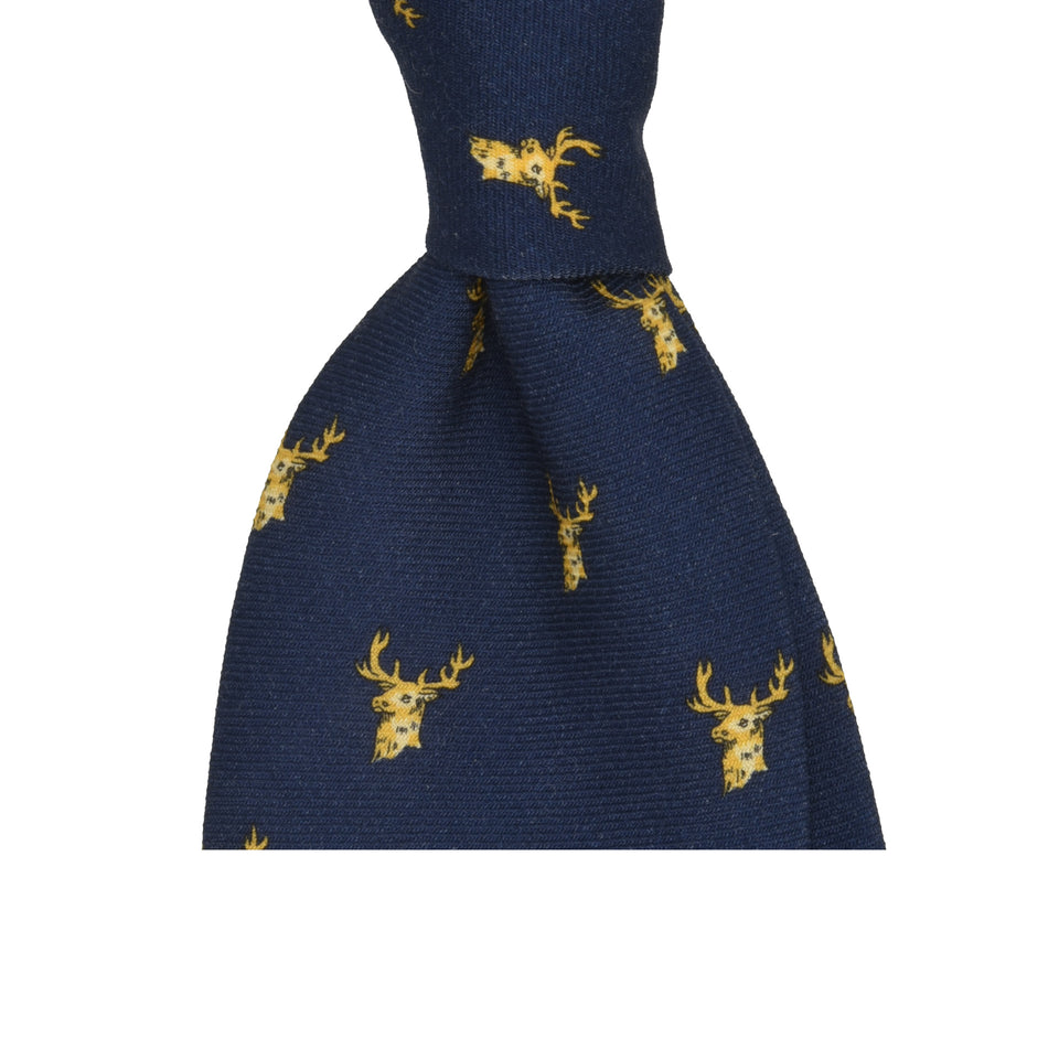 Amidé Hadelin | Handprinted wool challis stag tie untipped, navy_knot
