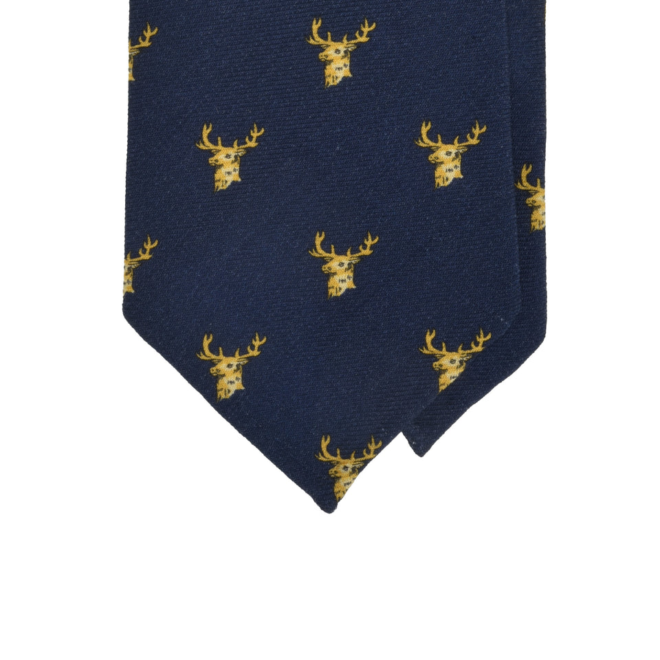 Amidé Hadelin | Handprinted wool challis stag tie untipped, navy_tip