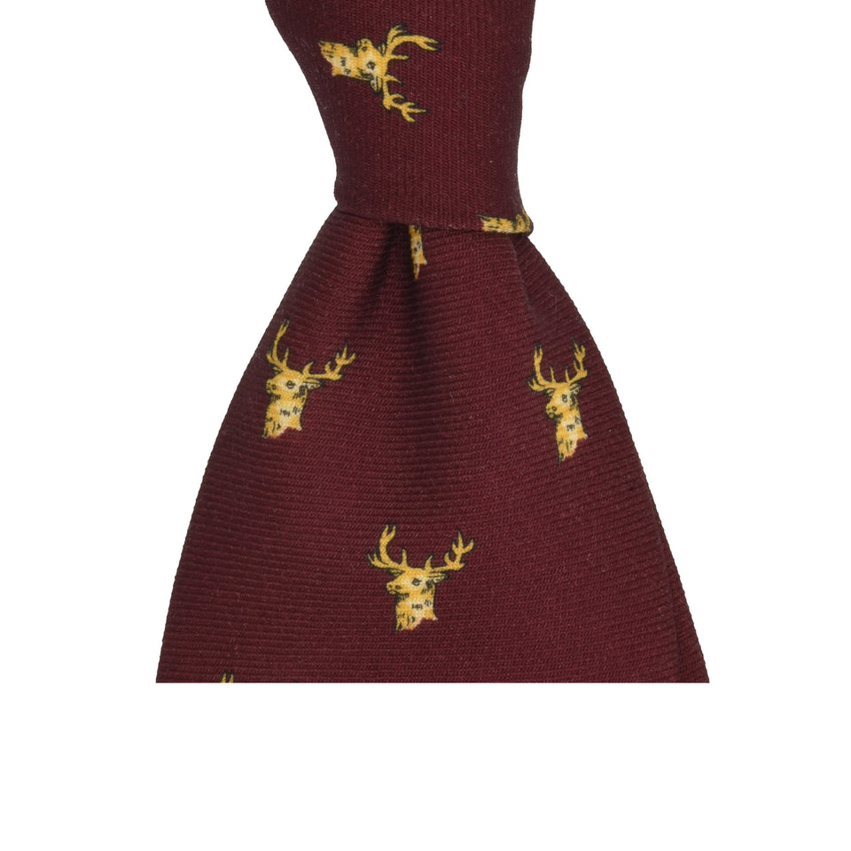 Amidé Hadelin | Handprinted wool challis stag tie untipped, burgundy_knot