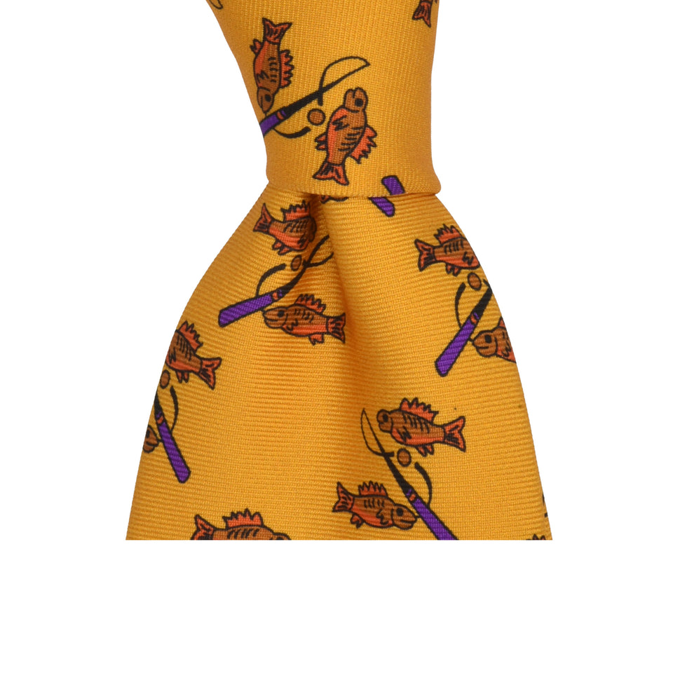 Amidé Hadelin | Handprinted silk fishes tie untipped, yellow_knot