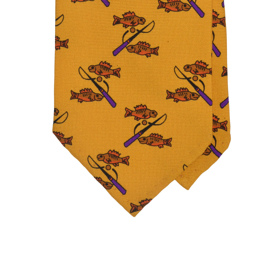 Amidé Hadelin | Handprinted silk fishes tie untipped, yellow_tip
