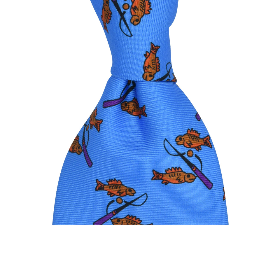 Amidé Hadelin | Handprinted silk fishes tie untipped, light blue_knot