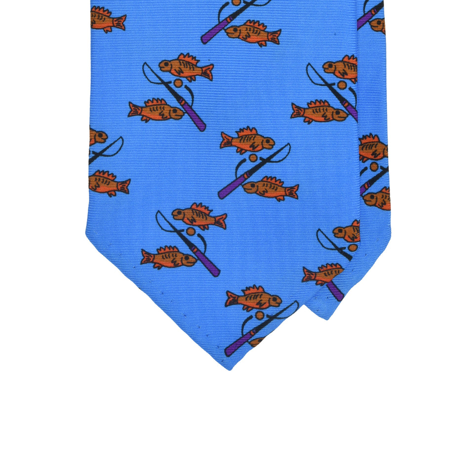 Amidé Hadelin | Handprinted silk fishes tie untipped, light blue_tip