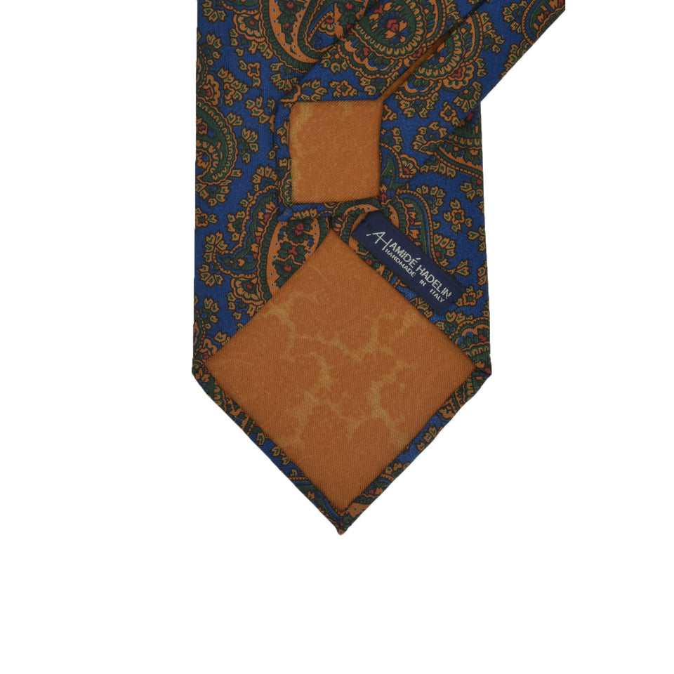 Amidé Hadelin | Wide 6-fold handprinted silk paisley tie untipped, blue_back