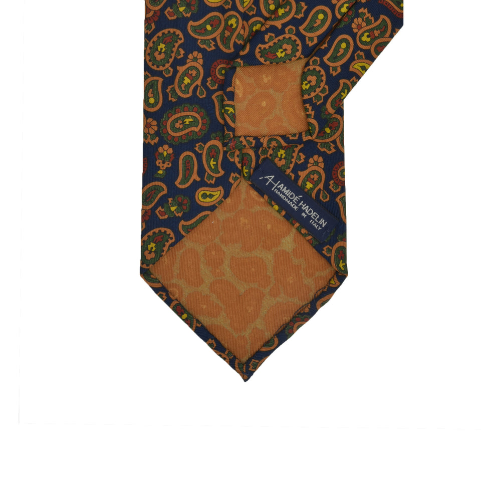 Amidé Hadelin | Handprinted ancient madder paisley tie, Handmade in Italy - navy_back