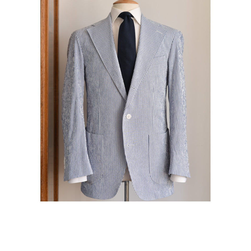 Amidé Hadelin | MTO | Orange Label Di Sondrio cotton seersucker jacket - white/blue_full