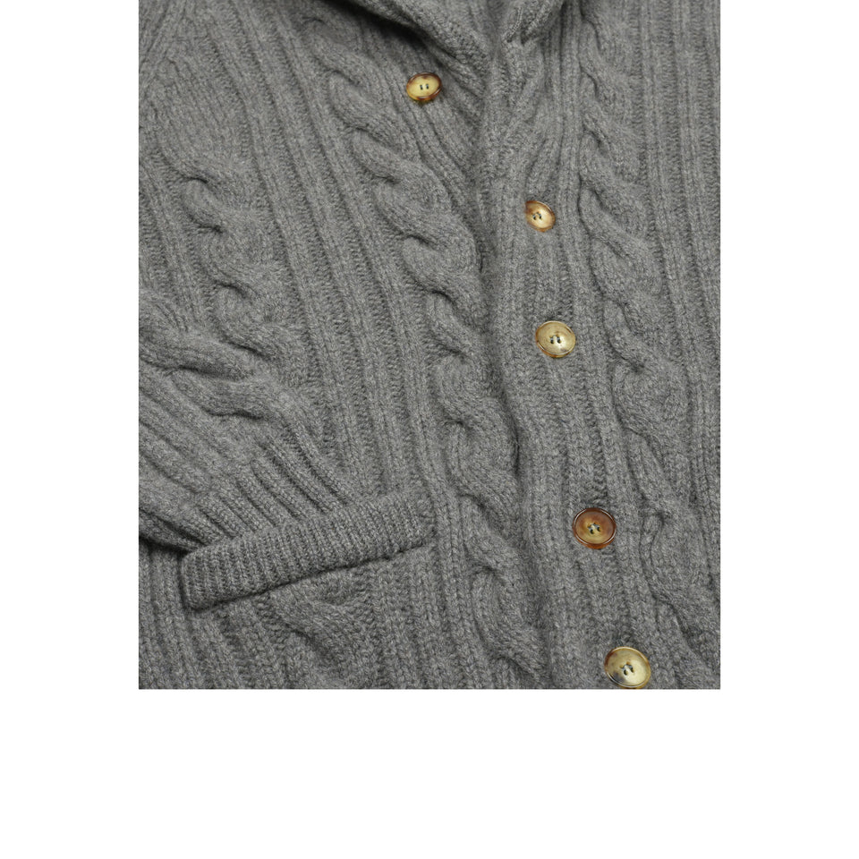 Amidé Hadelin | Lambswool cable knit shawl collar cardigan - mid grey_buttons