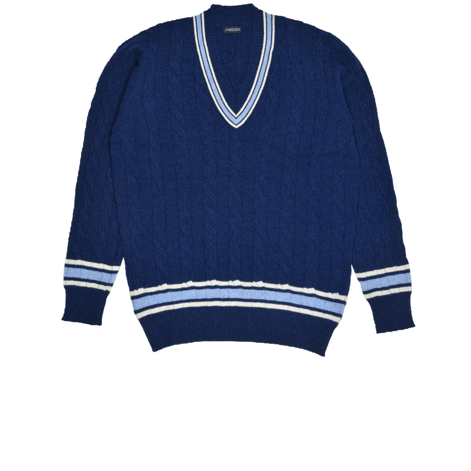 Amidé Hadelin | Wool V-neck cricket jumper - blue/ecru/light blue_full