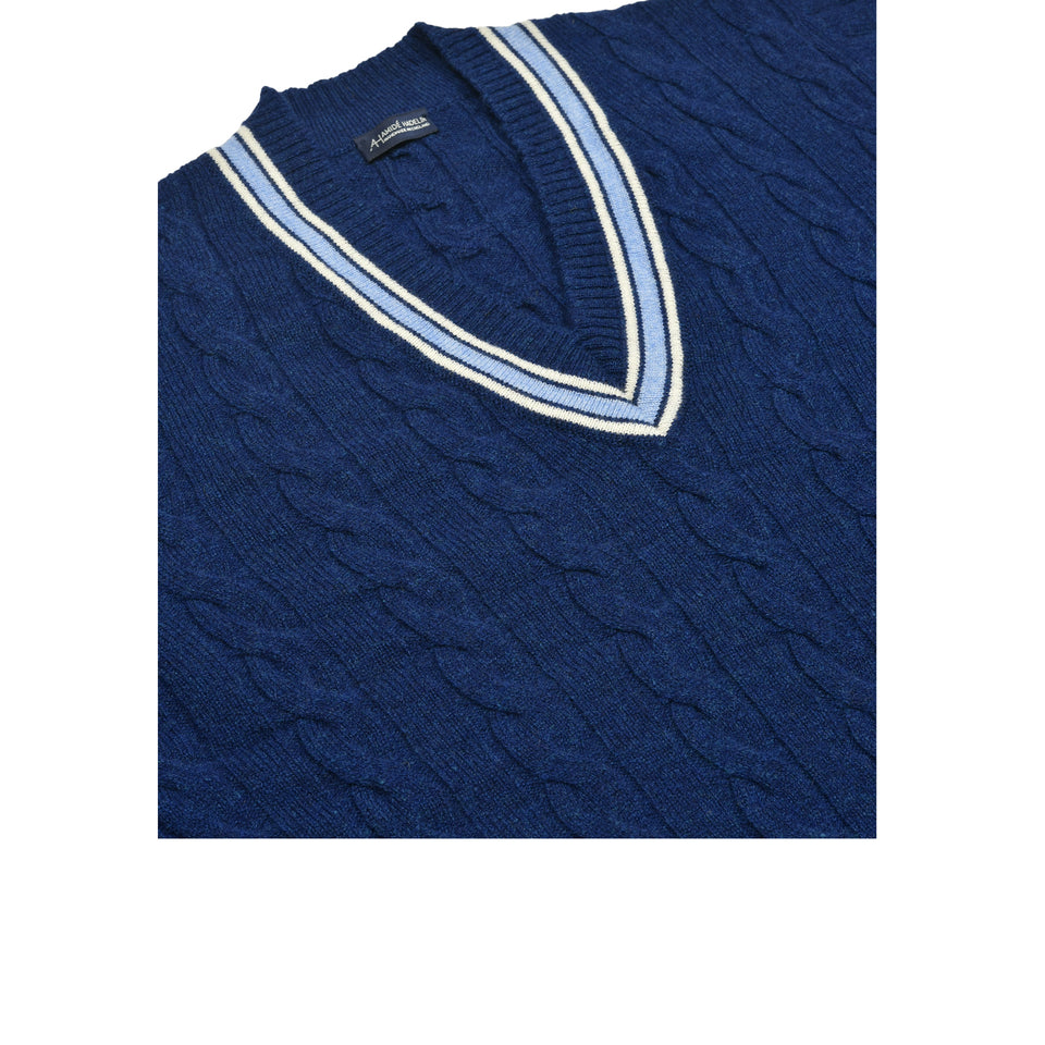 Amidé Hadelin | Wool V-neck cricket jumper - blue/ecru/light blue_V-neck