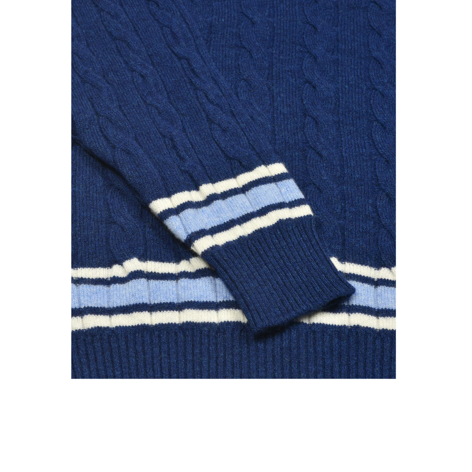 Amidé Hadelin | Wool V-neck cricket jumper - blue/ecru/light blue_cuffs
