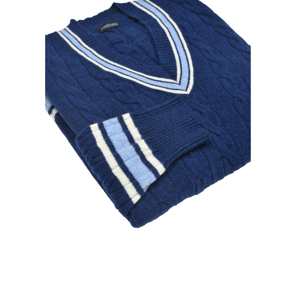 Amidé Hadelin | Wool V-neck cricket jumper - blue/ecru/light blue_folded