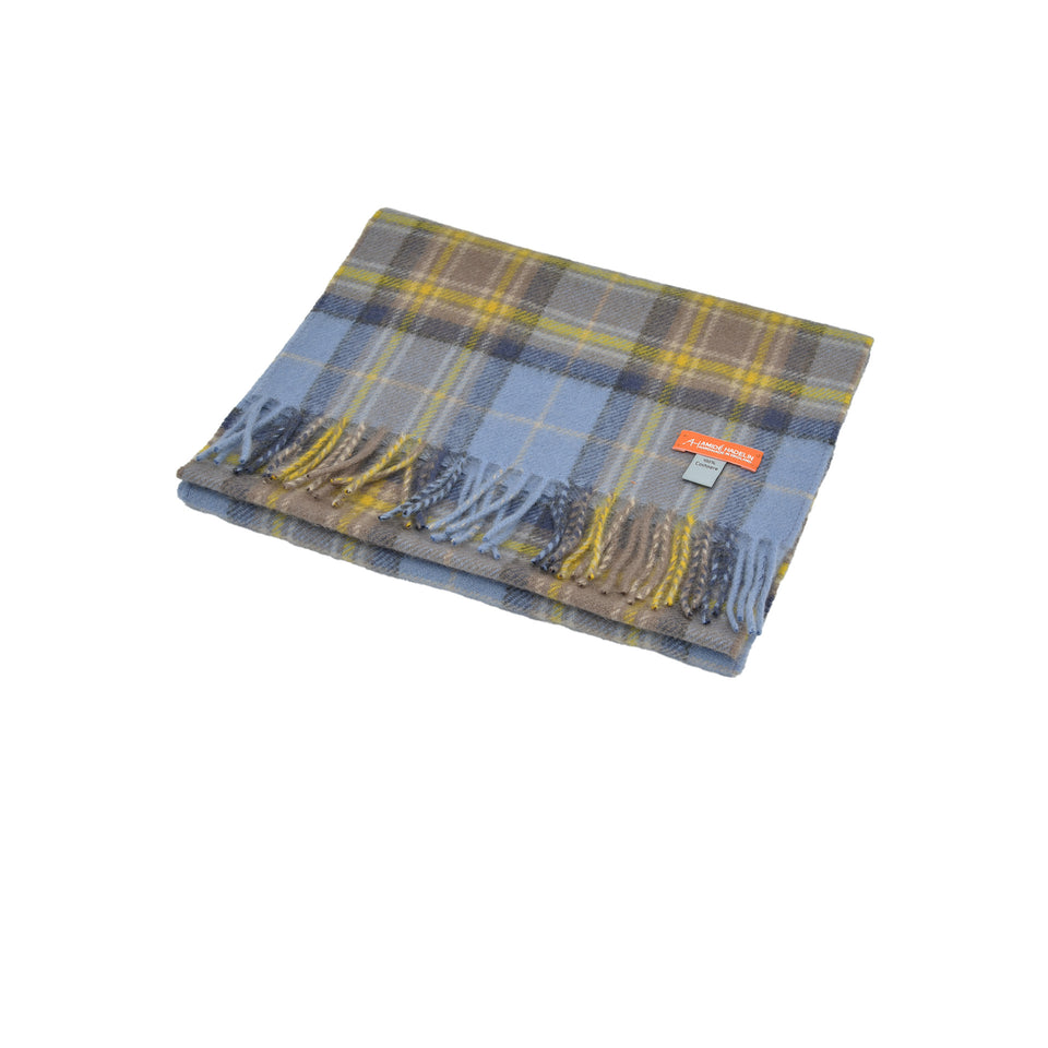Amidé Hadelin Orange Label | Cashmere tartan scarf, blue/yellow/grey_full