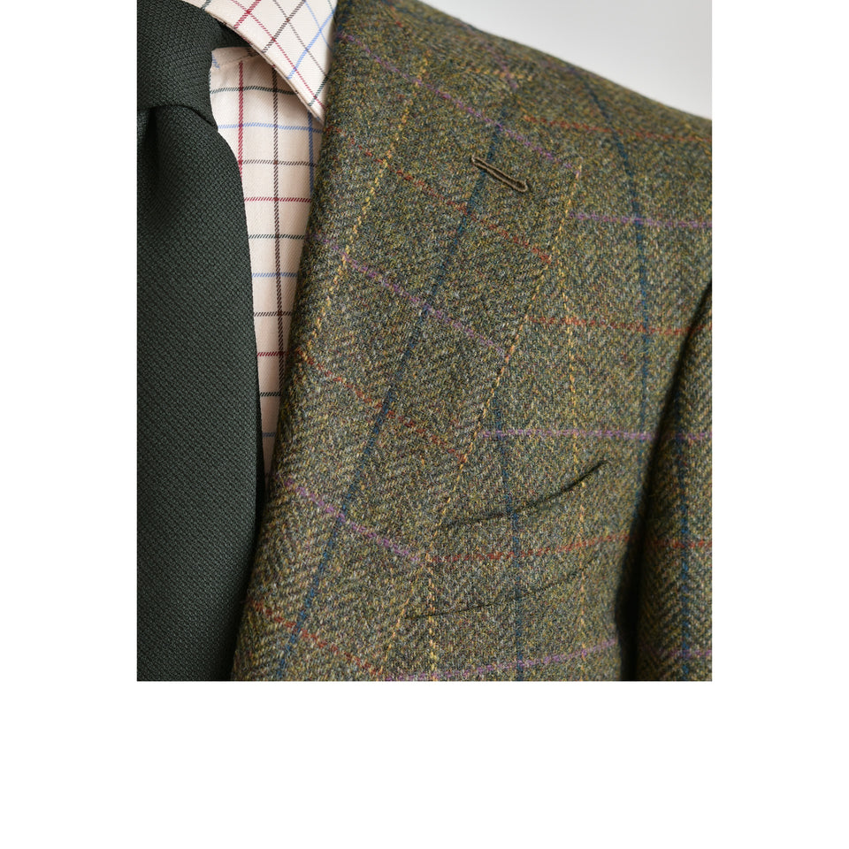 Amidé Hadelin | MTO | Abraham Moon herringbone overcheck hacking jacket - green_barchetta breast pocket
