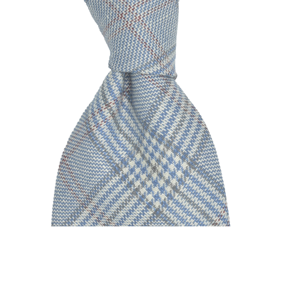 Amidé Hadelin | Abraham Moon glencheck wool/linen tie - Handmade in Italy, blue/white/grey_knot