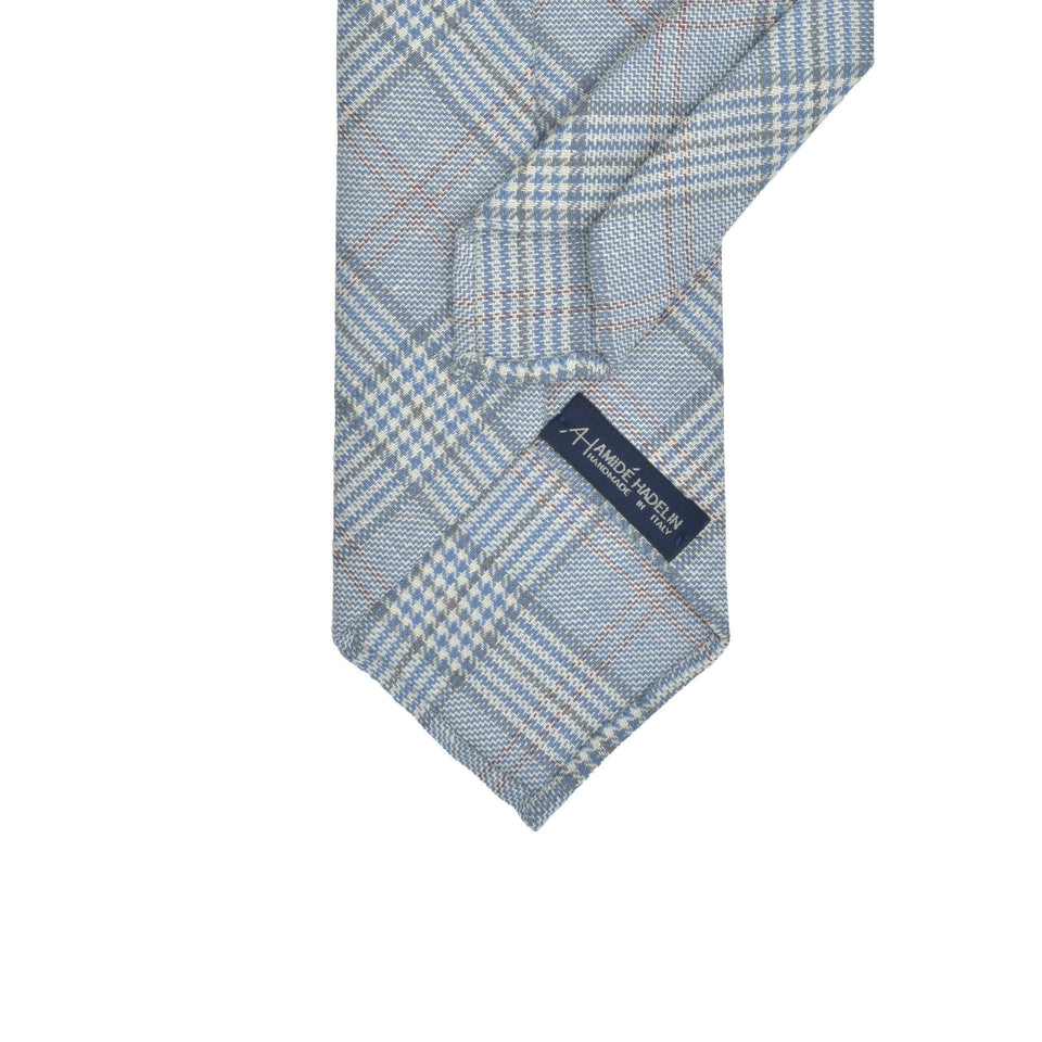 Amidé Hadelin | Abraham Moon glencheck wool/linen tie - Handmade in Italy, blue/white/grey_back