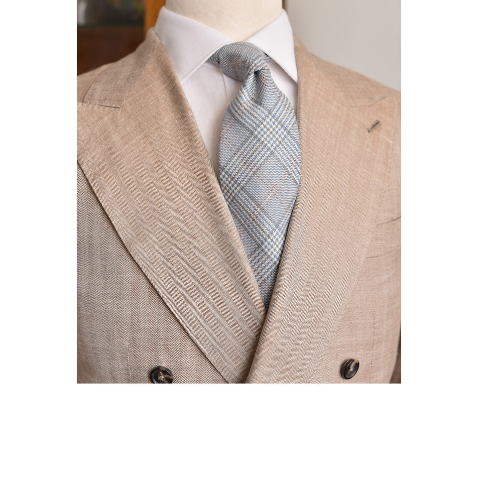 Amidé Hadelin | Abraham Moon glencheck wool/linen tie - Handmade in Italy, blue/white/grey_styled