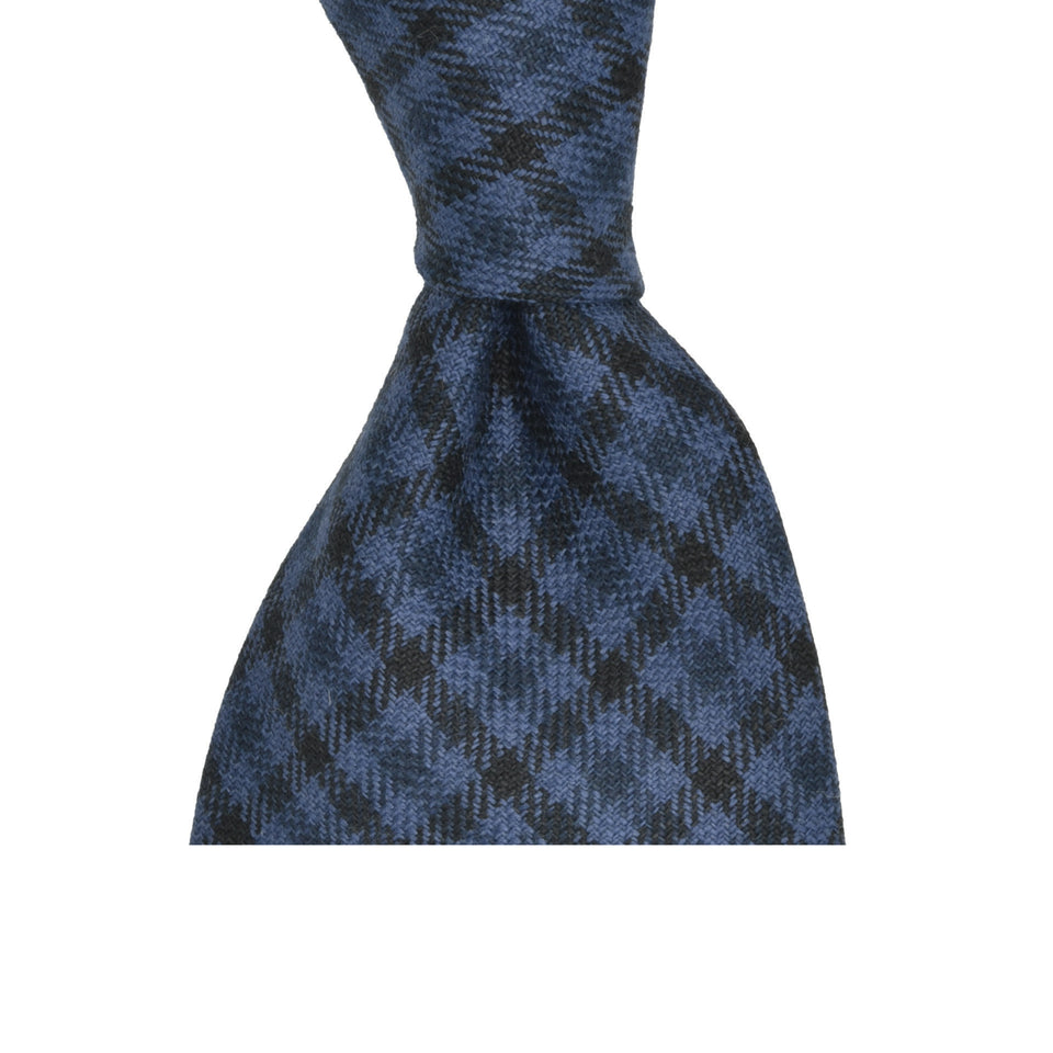 Amidé Hadelin | Abraham Moon gun club check wool/linen tie - Handmade in Italy, blue/navy/black_knot