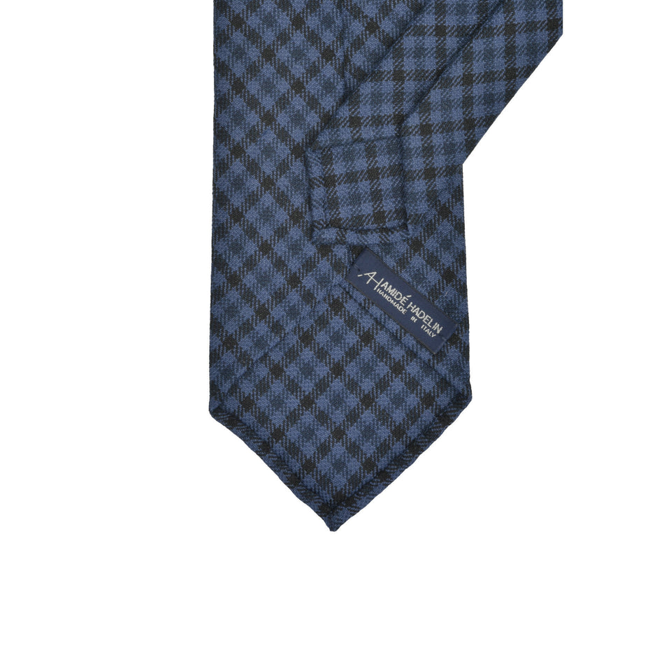Amidé Hadelin | Abraham Moon gun club check wool/linen tie - Handmade in Italy, blue/navy/black_back