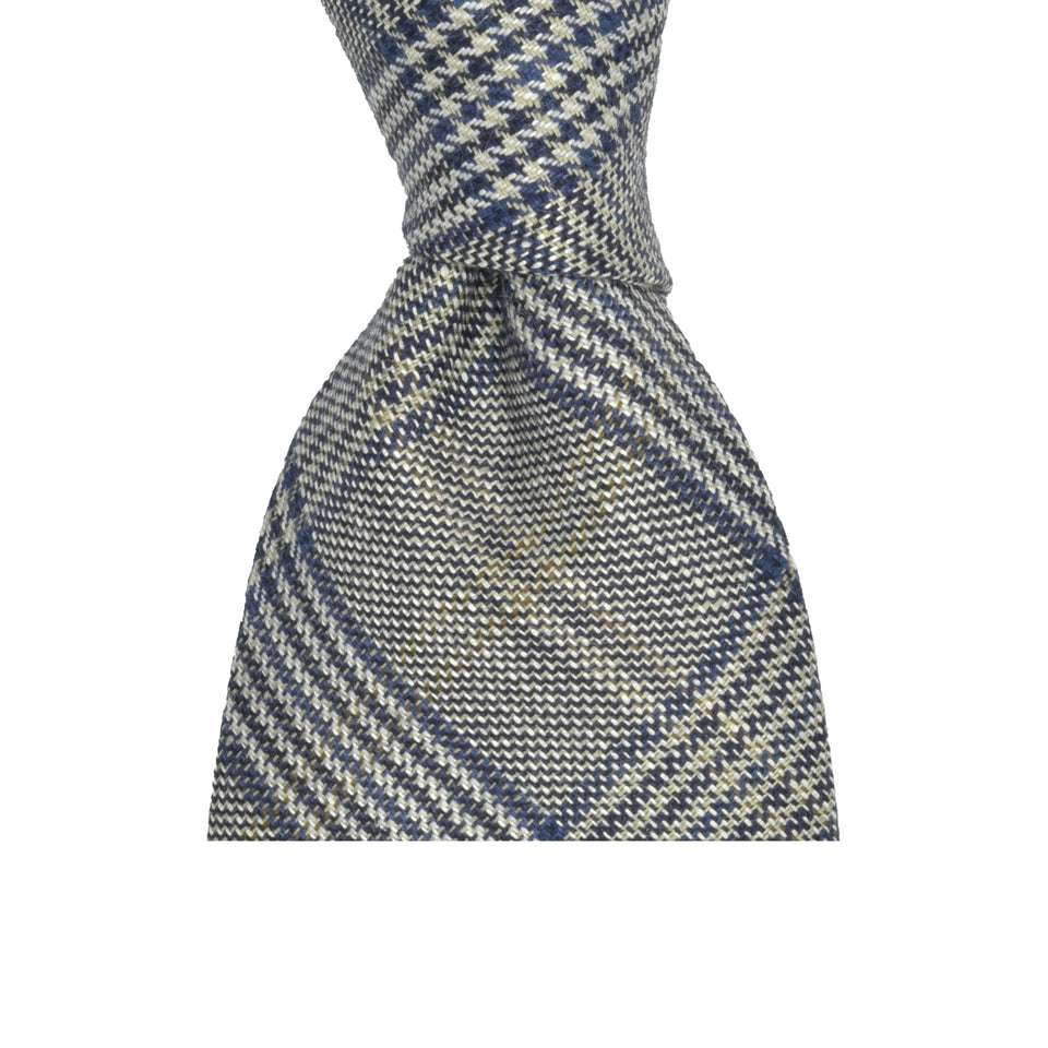 Amidé Hadelin | Abraham Moon glencheck wool/linen tie - Handmade in Italy, blue/white/beige_knot