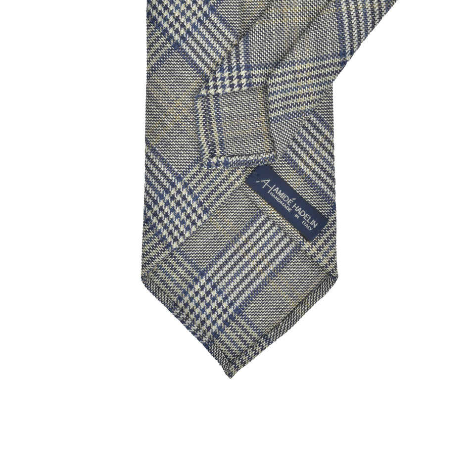 Amidé Hadelin | Abraham Moon glencheck wool/linen tie - Handmade in Italy, blue/white/beige_back