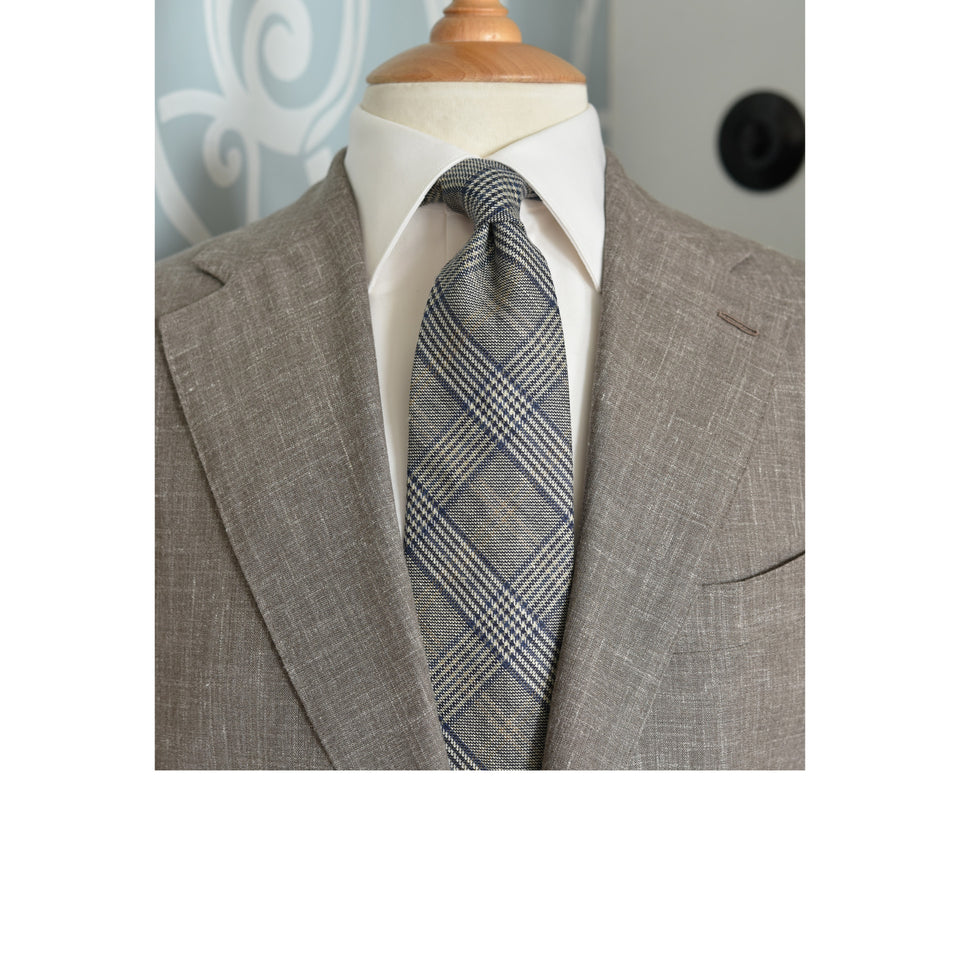 Amidé Hadelin | Abraham Moon glencheck wool/linen tie - Handmade in Italy, blue/white/beige_styled