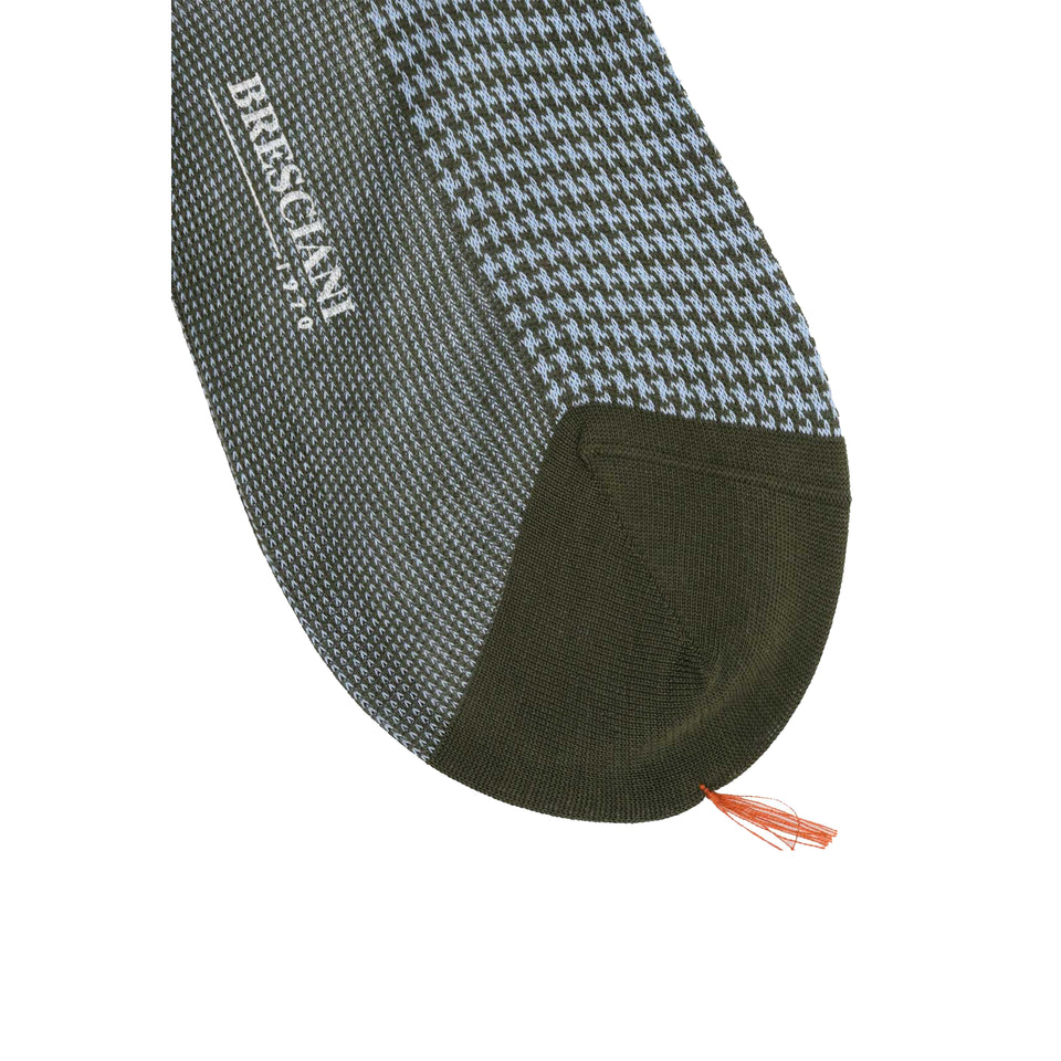 Knee high socks cotton houndstooth - olive/light blue