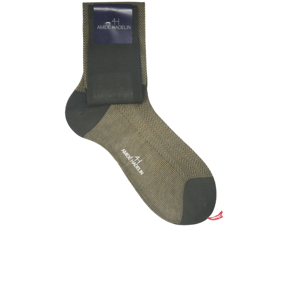 Knee high herringbone cotton socks - olive/beige_full