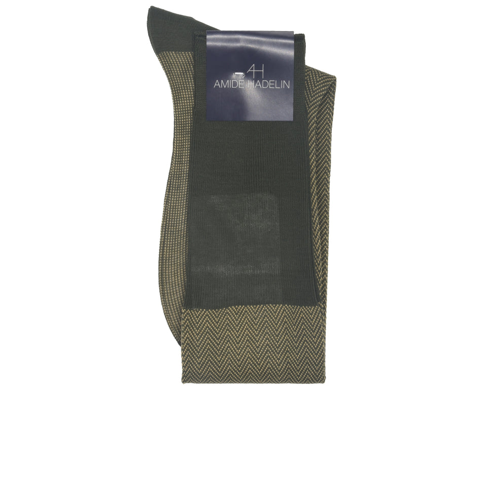 Knee high herringbone cotton socks - olive/beige_folded