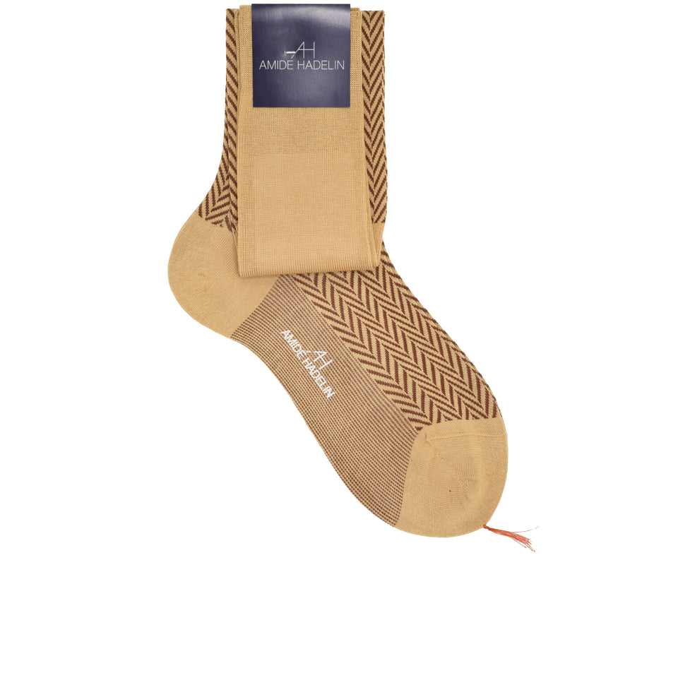 Amidé Hadelin | Knee high large herringbone cotton socks - beige/dark rust_full