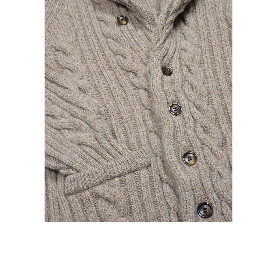 Amidé Hadelin | Lambswool shawl collar cable knit cardigan - beige_front details