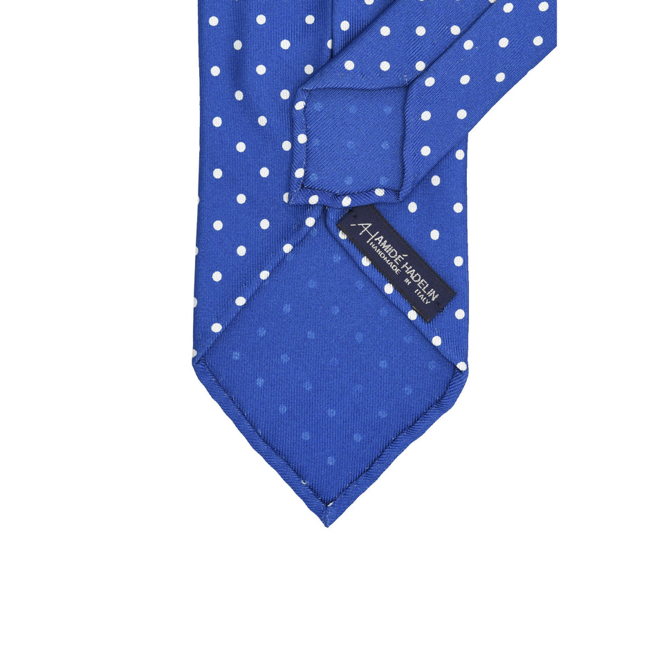 Amidé Hadelin | 6-fold handprinted polka dot silk tie untipped, bright blue_back