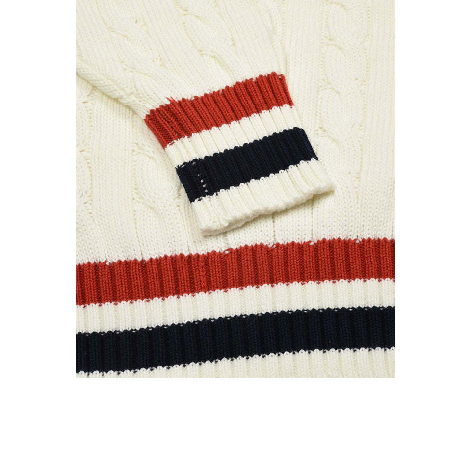 Cotton V-neck cricket jumper - off-white/navy/red_cuffs
