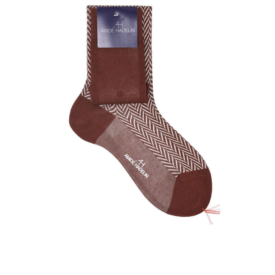 Amidé Hadelin | Knee high large herringbone cotton socks - burnt umber/natural_full