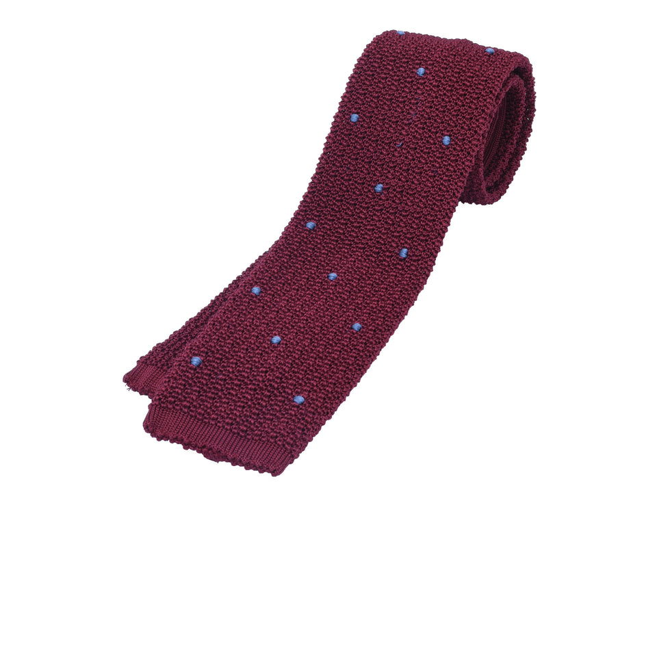 Orange Label | hand embroidered polka dot knit silk tie, burgundy/blue_full