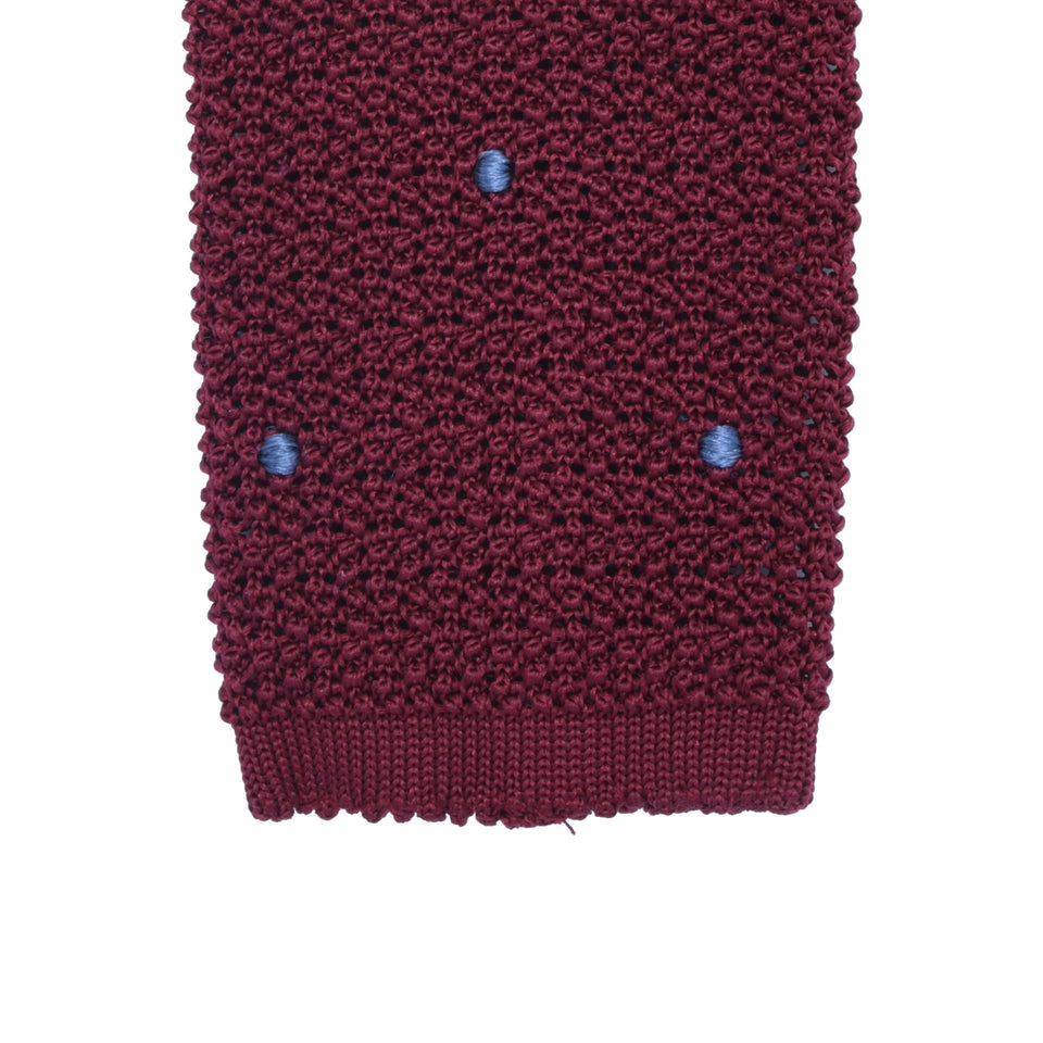 Orange Label | hand embroidered polka dot knit silk tie, burgundy/blue_tip