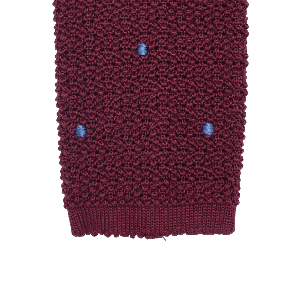 Orange Label | hand embroidered polka dot knit silk tie, burgundy/blue_tip
